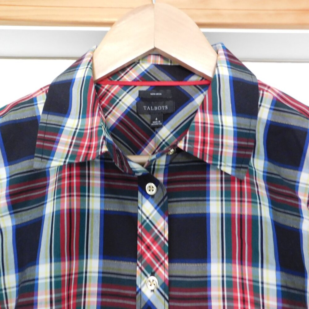 NEW Talbots Non-Iron‎  Button Down Shirt Women's Size 4 Black Red Plaid Gold - Picture 2 of 7